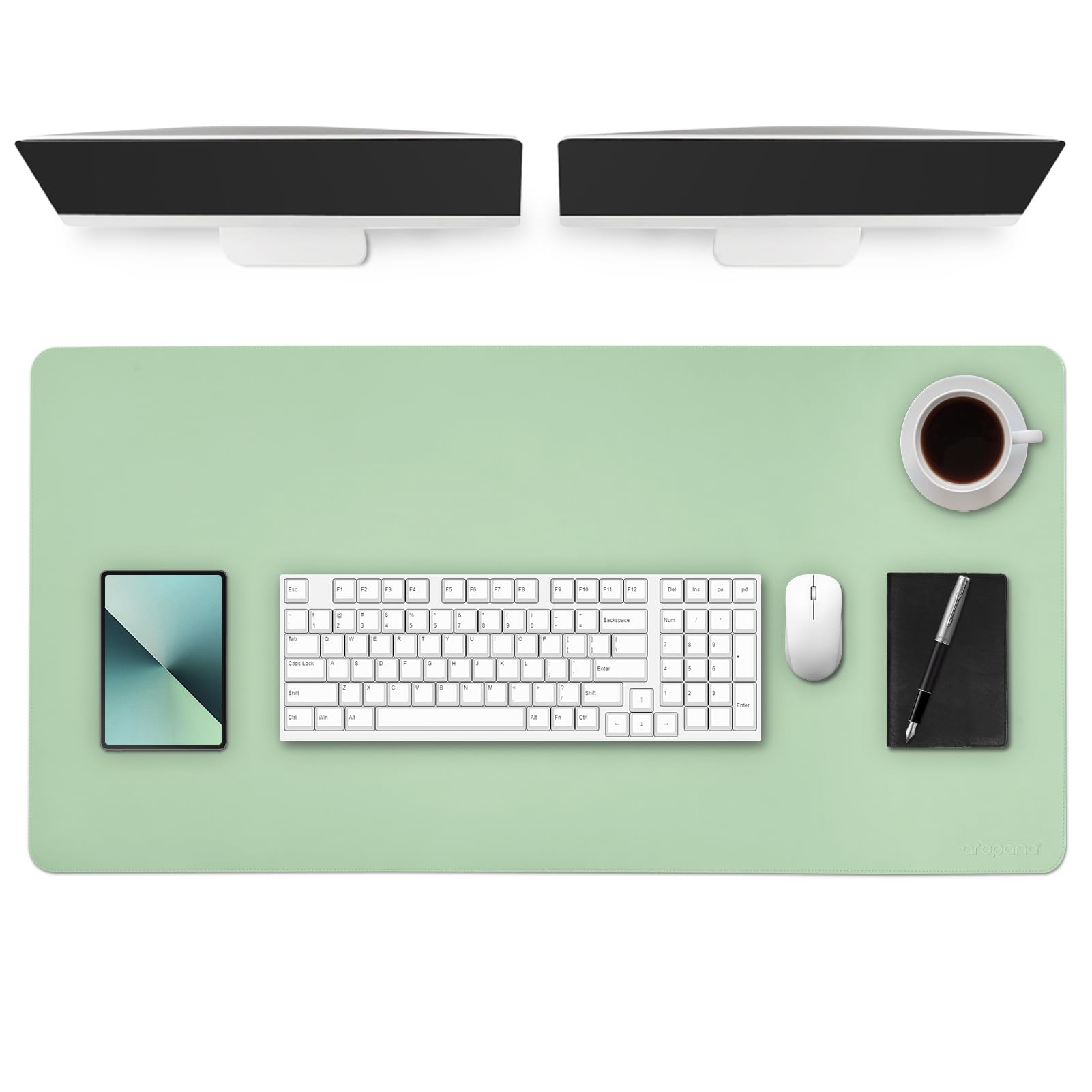 AROPANA Vegan Leather Desk Mat 120x60cm | Large Reversible Mouse Pad & Computer Table Protector | Dual-Side Waterproof Extended Laptop Pad with Edge-Stitched Design (Light Green and Blue)