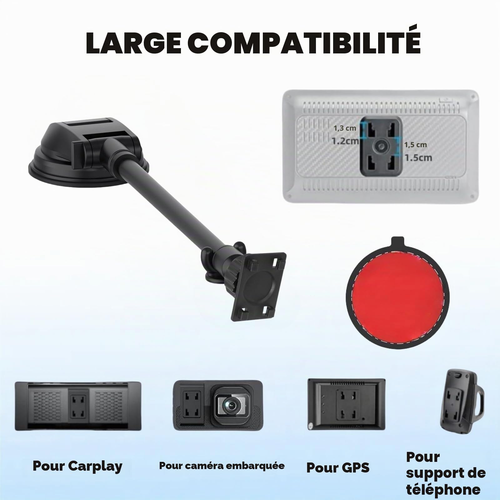 Support à Ventouse pour Écran Carplay avec 11,8" Bras Long de Bras en Alliage d'aluminium Réglable à 360°, Support Solide pour Pare Brise et Tableau de Bord avec 78mm Disque Adhésif Puissant