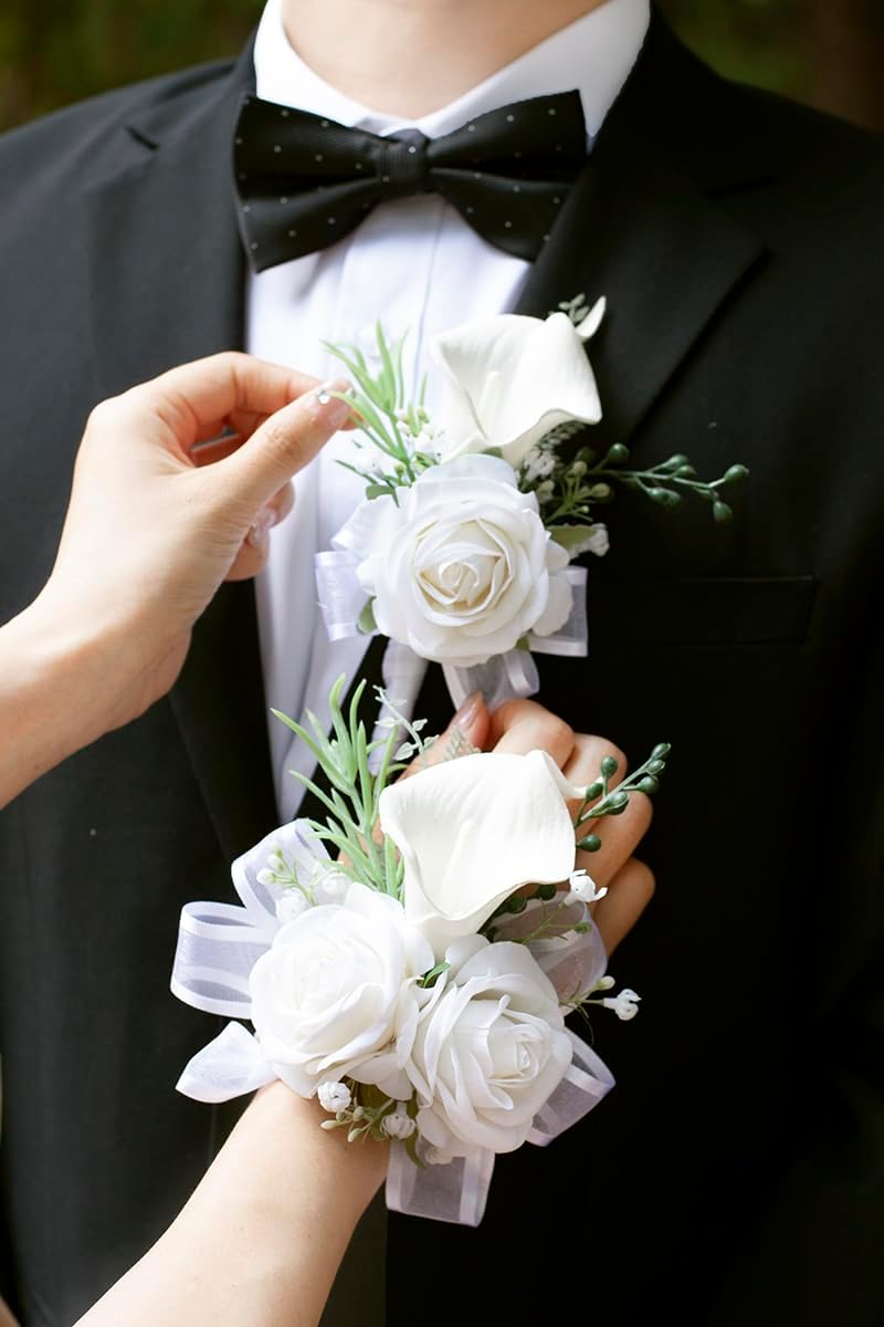 1Pc Single Ivory White Boutonnieres for Men Wedding Prom, Artificial Calla Lily Sunflower Flower Groom and Groomsmen Boutonniere for Wedding Homecoming Ceremony, Party