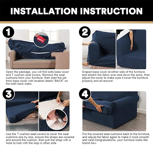 Miniatura 9 de Paquete de fundas de sofá con cojín en forma de T de 3/4 piezas, protector de muebles, patrón a cuadros, extraíbles y lavables, color azul marino