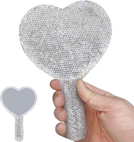 A.B Crew Espejo de mano con asa, bonito espejo de mano en forma de corazón para mujer, espejo de viaje portátil brillante, espejo cosmético de