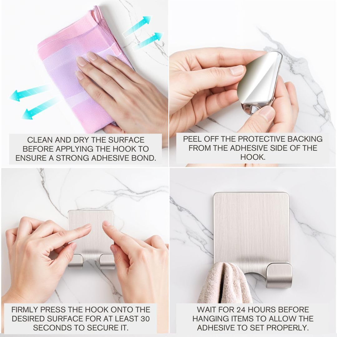 Performore Paquete de 2 perchas de acero inoxidable con respaldo plano y adhesivo de espuma de 3 m, ganchos de ducha adhesivos, colgadores de toallas para baño o pared de cocina