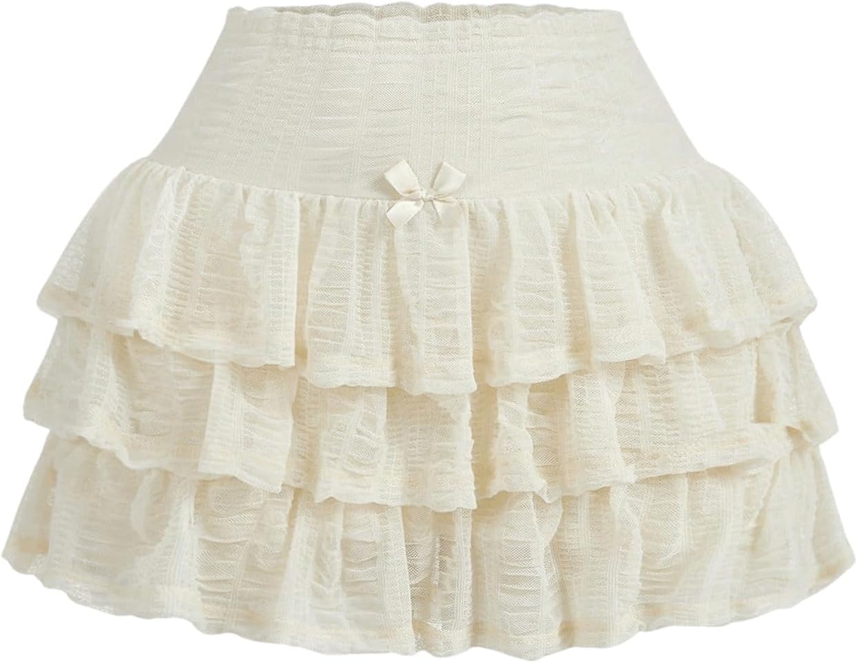 BEAUDRM Women's Y2K Ruffle Skirt Mesh Lace Ruched Cute A Line Tiered Mini Cake Skirts