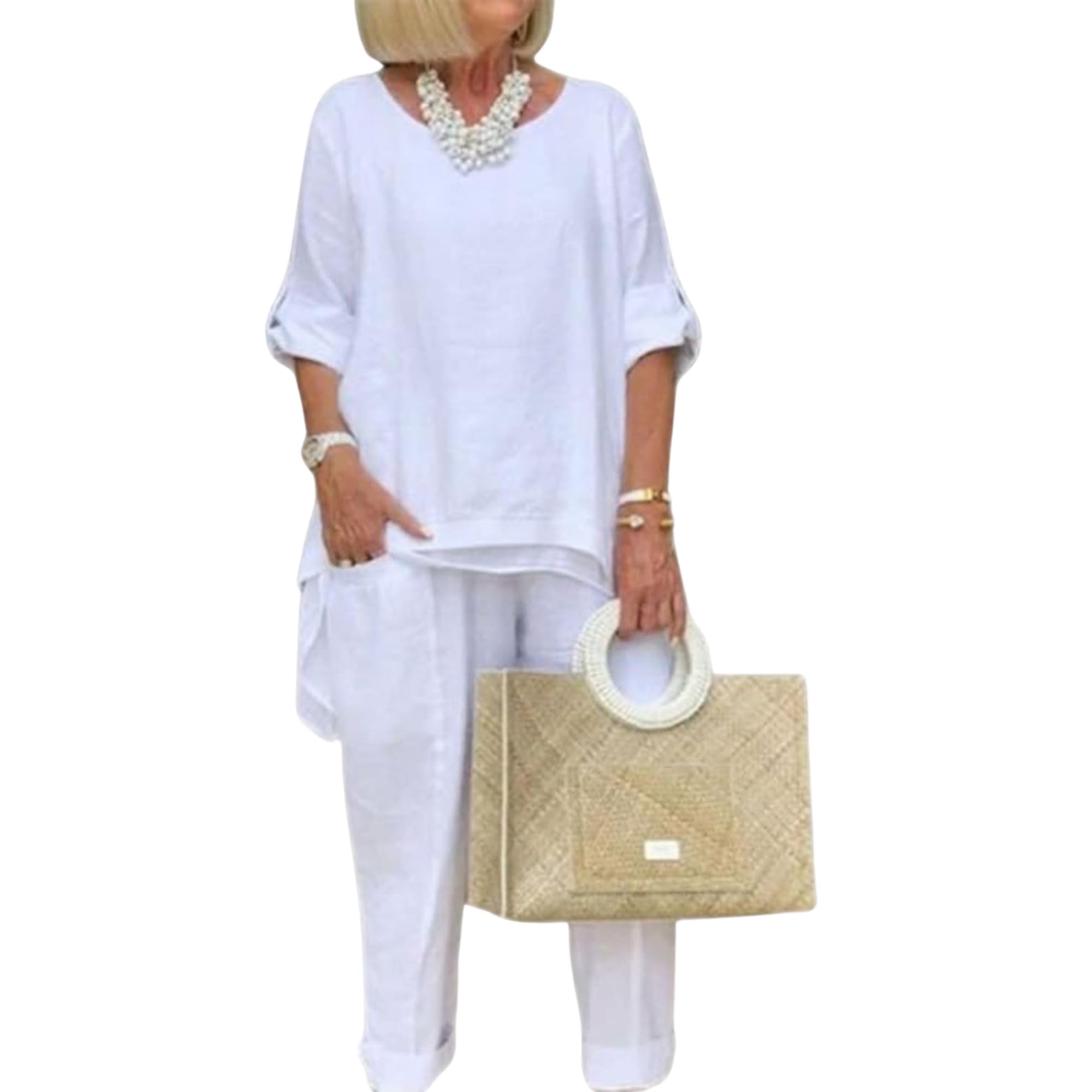 Pink Cotton 2-Piece Womens Casual Suit with 3 4 Sleeves