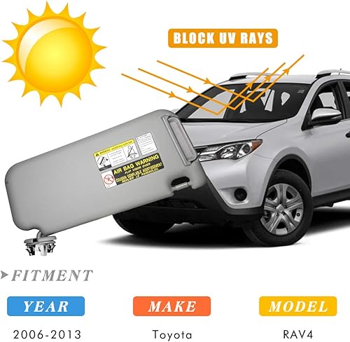 Miniatura 4 de Reemplazo de visera solar izquierda para Toyota RAV4 con techo corredizo y luz de tocador 2006 2007 2008 2009 2010 2011 2012 2013 (gris)
