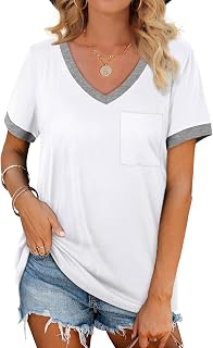 Geifa Women's V-Neck Short Sleeve T-Shirts with Pocket - Loose Casual Color Block Summer Tops