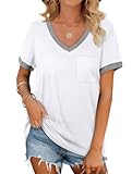 Womens T Shirts Short Sleeve V Neck Loose Casual Summer Tops with Pocket
