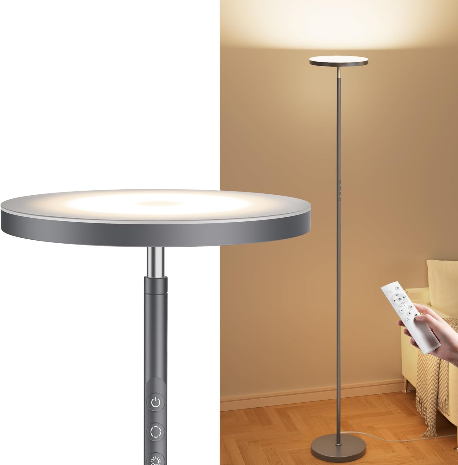 Torchiere Floor Lamps, Super Bright Floor Lamps, Dimmable 2700K-6500K LED Sky Standing Lamp, Tall Lamp with Remote & Touch Control for Living Room Bedroom Office - Black