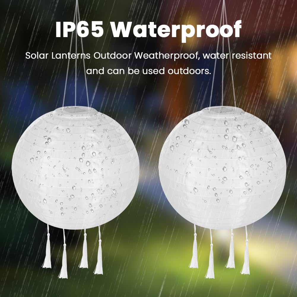 HOTUT Solarne Latarnie Zewnętrzne Odporne na Warunki Atmosferyczne, 2 sztuki 30 cm Solarna Latarnia LED z 4 chwostami, IP65 Wodoodporna Wisząca Latarnia Nylonowa do Ogrodów (Ciepła Biel)