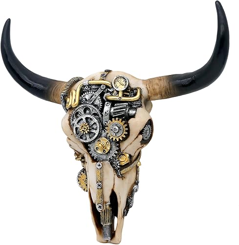 Miniatura 8 de alikiki Decoración de pared de calavera de vaca Steampunk, escultura de pared de calavera de cabeza de toro occidental 3D, decoración colgante para