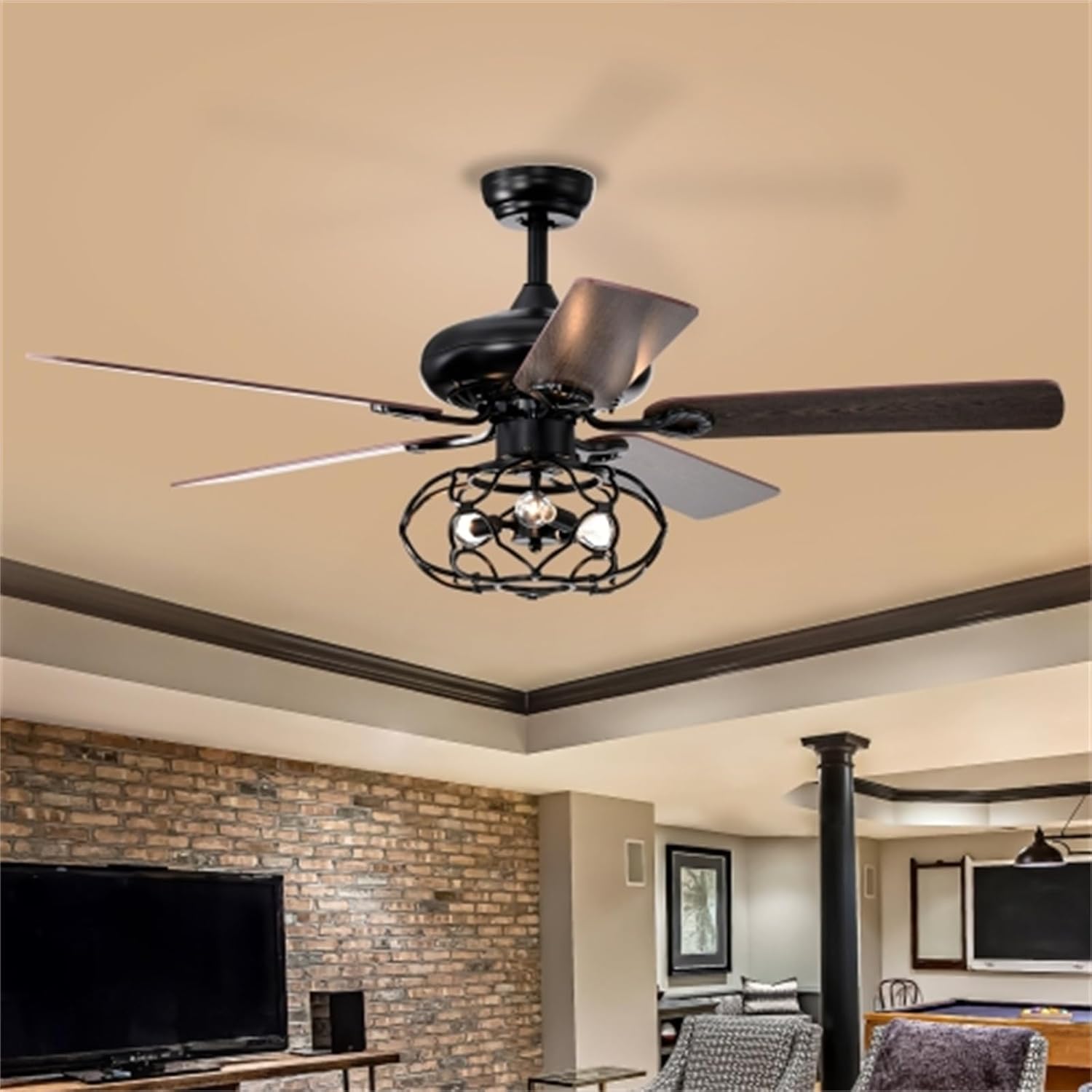 52 inch ceiling fan with light, thin ceiling fan (without bulb), ceiling fan light, ceiling fan with light, lighting and blowing, 5 blades, dark wood, suitable for living room, bedroom and dining room
