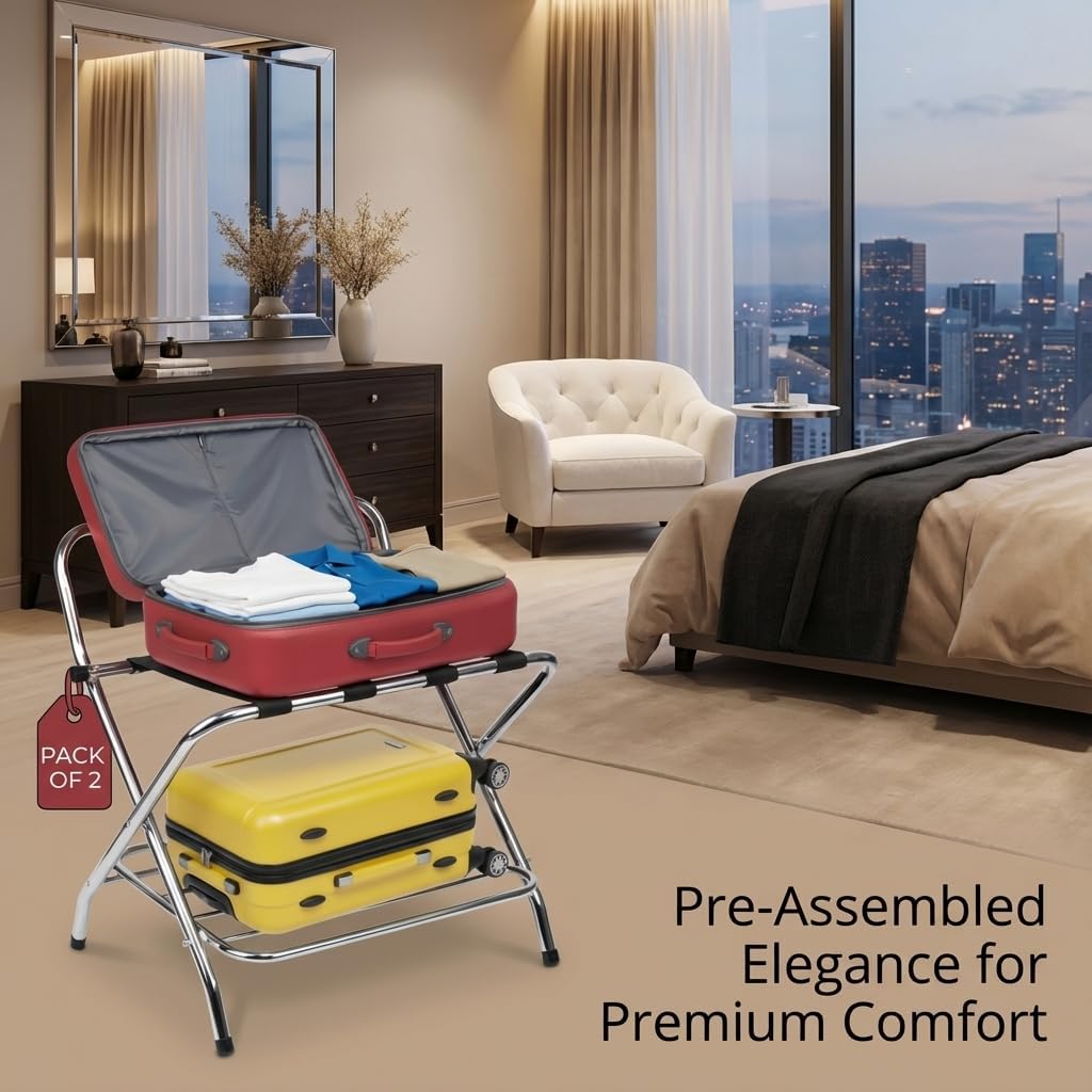 USTECH Luggage Rack Pack of 2 - Single Tier Chrome High Back Foldable Design for Guest Rooms, Lightweight Durable Construction, Space-Saving for Hotels and Homes, Fully Assembled