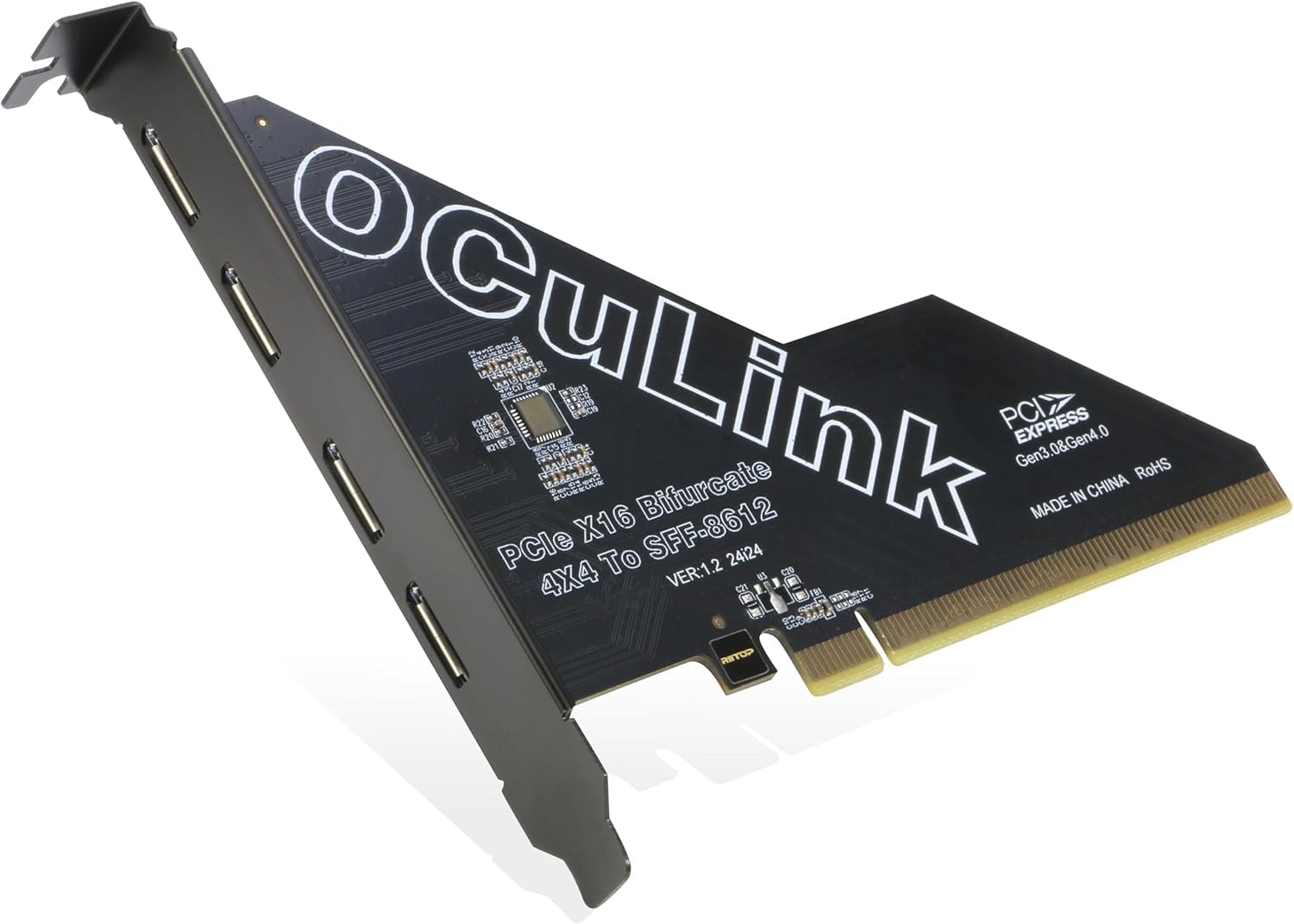 RIITOP Adaptador PCIe a Oculink de 4 puertos, PCIe 4.0 x16 a SFF-8612 (SFF-8611 hembra), velocidad completa 64 Gbps*4 puertos para eGPU (requiere bifurcación PCI-e x4x4x4)