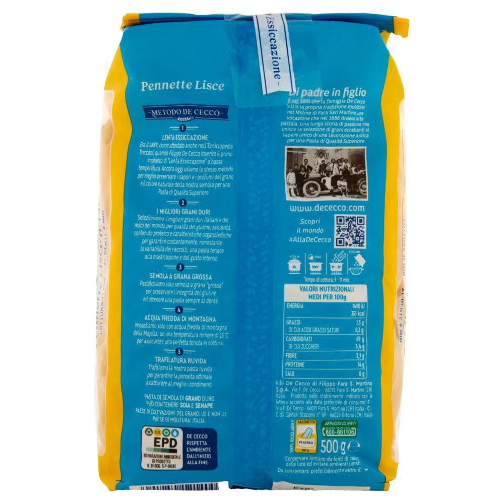 De Cecco Pennette Lisce n°140 - Pasta 24 x 500 g | Secado lento | Sémola de trigo duro de alta calidad | Horneado 11 min (al diente 9) | Ideal salsas de tomate & pesto + Italian Gourmet polpa 400 g