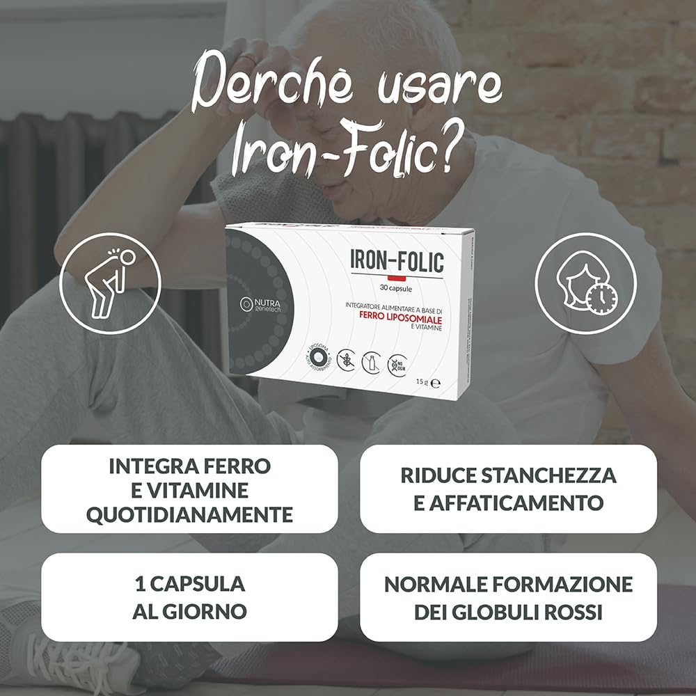 Iron-Folic – Integratore alimentare con Ferro Liposomiale (30 mg/cps.), Acido Folico, Vit. B6 e B12 – Contribuisce alla normale formazione dei globuli rossi e alla riduzione della stanchezza – 30 caps