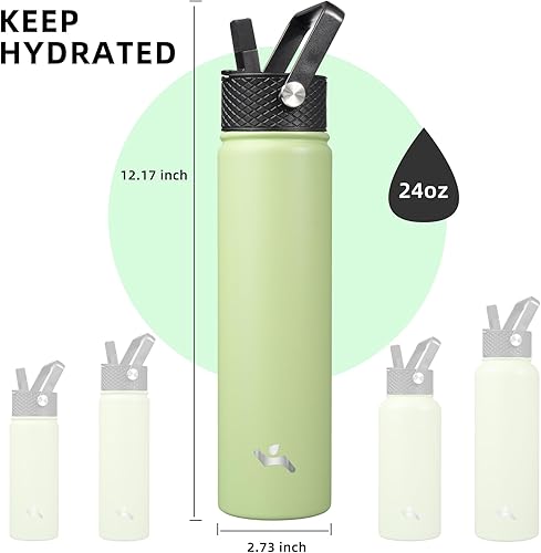 Miniatura 5 de Botella de agua con aislamiento térmico de acero inoxidable de 24 onzas con 3 tapas, color verde macarrón