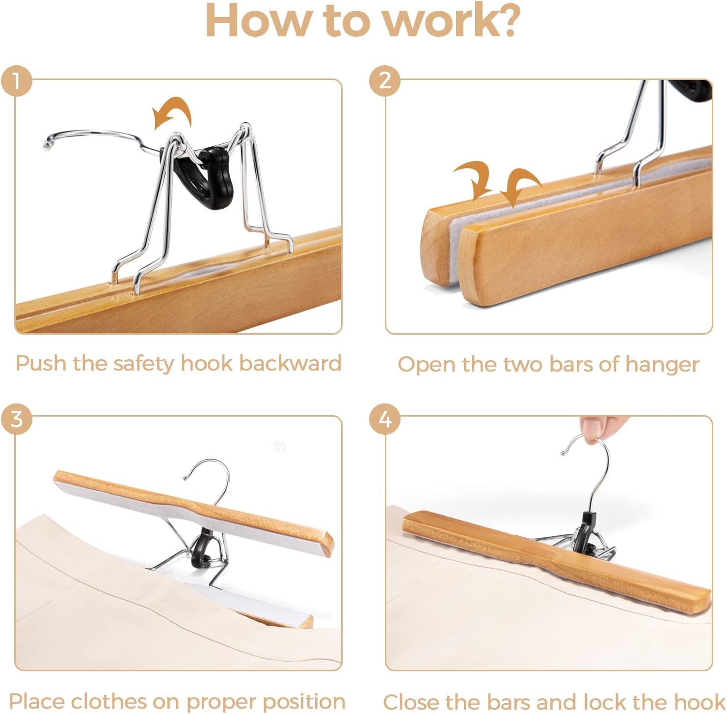 HOUSE DAY Wooden Pants Hangers 20 Pack, Non Slip Wood Skirt Hangers, Smooth Finish Wood Jeans Hanger, Clamp Hanger for Skirts, Slacks, with 360° Swivel Hook