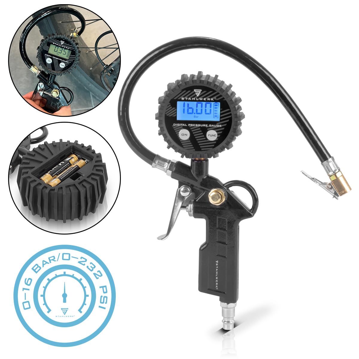 STAHLWERK Digitale Druckluft-Reifenfüllpistole DRD-16 ST | Druckluft Reifenfüller mit digitalem Manometer | Reifendruckprüfer für PKW, LKW, Motorrad, Fahrrad | Messbereich 0-16 Bar / 0-232 PSI