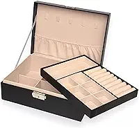 Maleta Porta Joias Elegance Interior em Veludo com Tranca. Estojo Organizadora Grande de Dupla Camada para Joias, Brincos, Anéis, Bijuterias. Porta Jóias para Viagem Porta-Jóias Luxo Preto