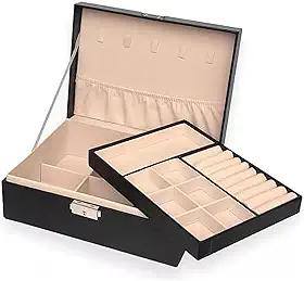 Maleta Porta Joias Elegance Interior em Veludo com Tranca. Estojo Organizadora Grande de Dupla Camada para Joias, Brincos, Anéis, Bijuterias. Porta Jóias para Viagem Porta-Jóias Luxo Preto