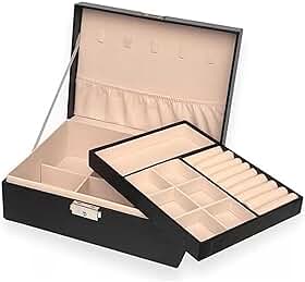 Amarme - Maleta Porta Joias Elegance Interior em Veludo com Tranca. Estojo Organizadora Grande de Dupla Camada para Joias, Brincos, Anéis, Bijuterias. Porta Jóias para Viagem Porta-Jóias Luxo Preto