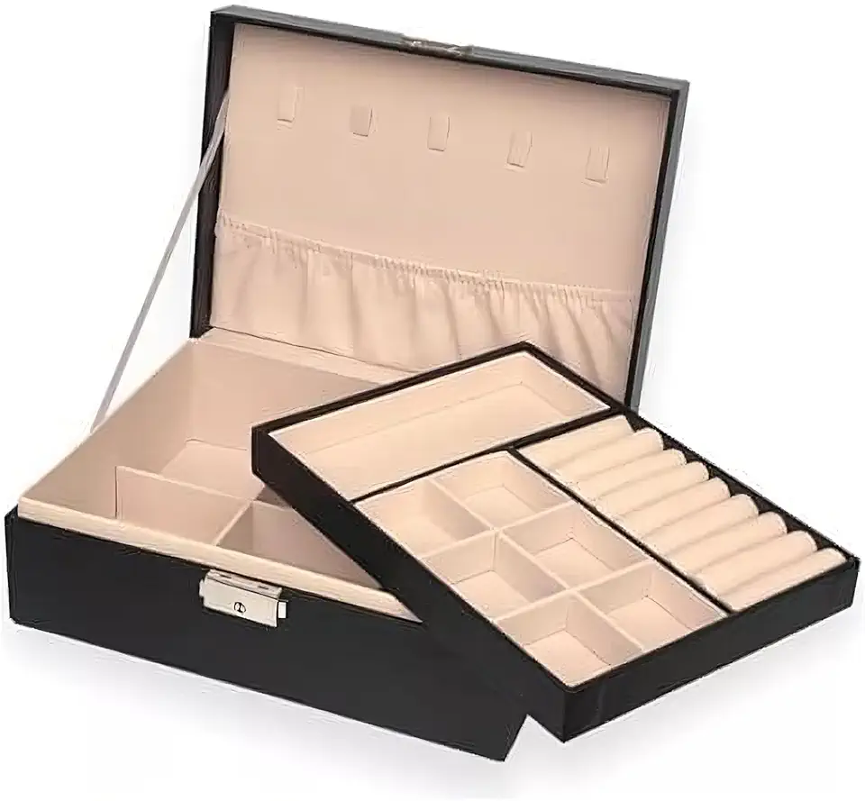 Maleta Porta Joias Elegance Interior em Veludo com Tranca. Estojo Organizadora Grande de Dupla Camada para Joias, Brincos, Anéis, Bijuterias. Porta Jóias para Viagem Porta-Jóias Luxo Preto