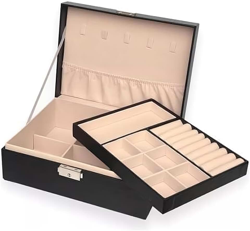 Amarme - Maleta Porta Joias Elegance Interior em Veludo com Tranca. Estojo Organizadora Grande de Dupla Camada para Joias, Brincos, Anéis, Bijuterias. Porta Jóias para Viagem Porta-Jóias Luxo Preto