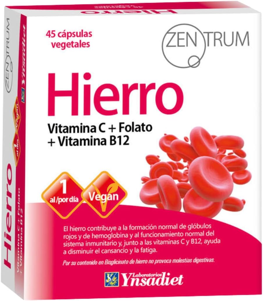 Hierro Bisglicinato con Vitamina C, B12 y Ácido Fólico | 45 Cápsulas Vegetales | Alta Absorción | Disminuye el Cansancio y la Fatiga |