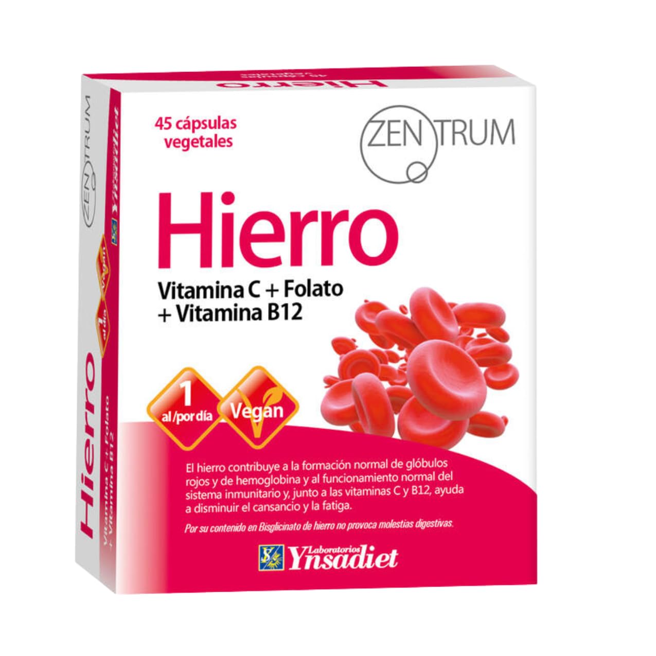 Bisglicinato de Hierro 29mg con Vitamina C, B12 y Ácido Fólico | Alta Absorción y Tolerancia Digestiva | Ayuda a Reducir Cansancio y Fatiga | 45 Cápsulas Veganas | Marca Zentrum