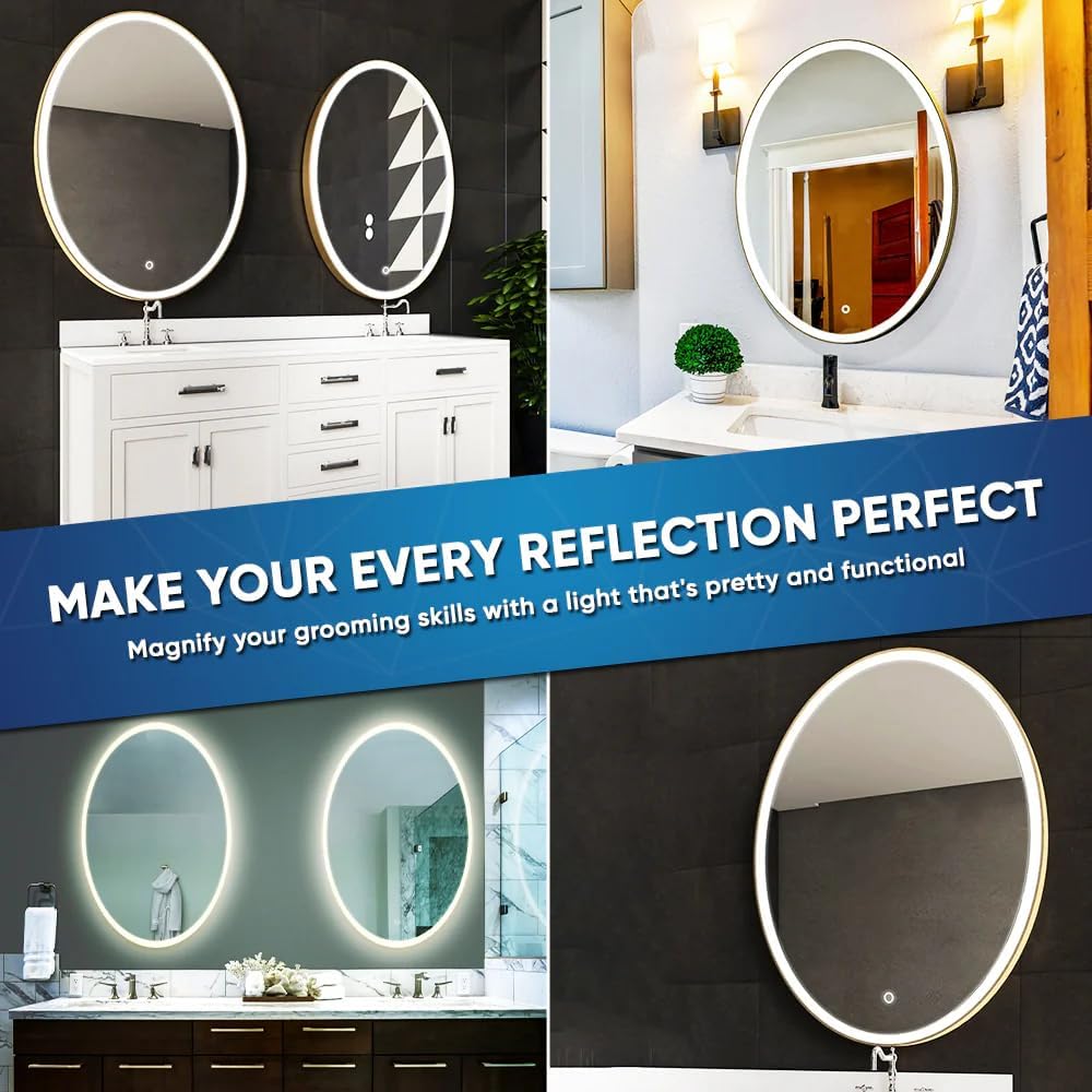 LEDMyplace 24 x 36 Inch Oval LED Lighted Bathroom Vanity Mirror, 3000/4000/6000 CCT Changeable & Remembrance, Anti-Fog, CRI 90+, Touch Switch,1980 Lumens, 57 Watt, Defogger, Lunar Style Mirror