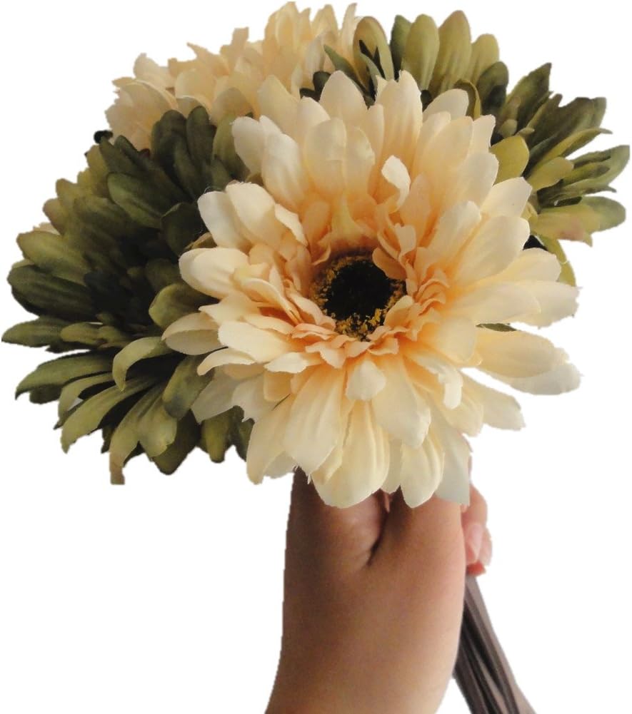10.6" 7-stem Mixed Color Gerbera Daisy Silk Floral Bouquet (Green)