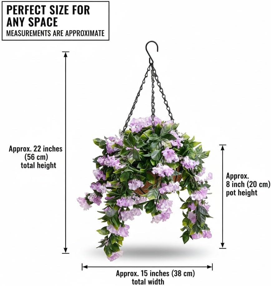15" Faux Crepe Myrtle Hanging Baskets - Set of 2, Artificial Fake Faux Hanging Baskets, Realistic & Weatherproof Fake Plants for Outside Patio Garden Porch Balcony Yard Decor (2PCS White)