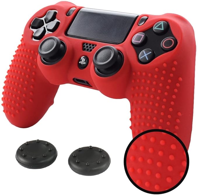 TCOS TECH PS4 Controller Silicone Cover Ultra Grip Anti Slip Protective Case Sleeve for PS4 Controller + 2 Thumb Grips (Red 2)