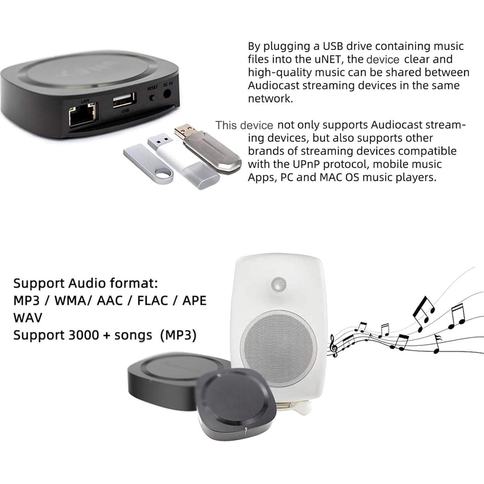 Sieciowy streamer muzyczny USB, urządzenie do odtwarzania multimediów z portem USB i kluczem resetowania, kompatybilny z wieloma formatami audio, kompaktowy rozmiar, do dysku flash USB / sieciowego