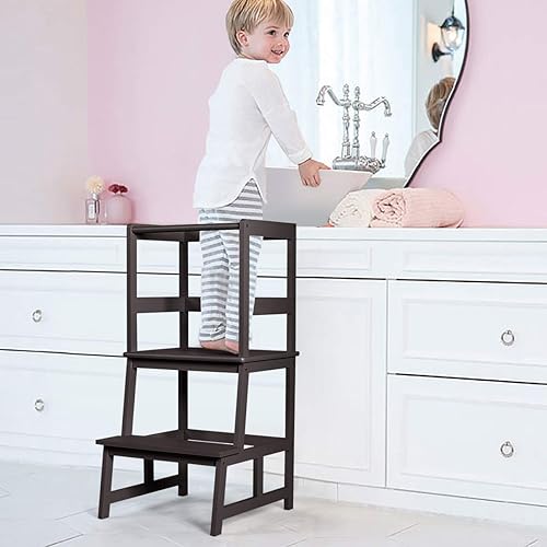 Miniatura 4 de Costzon Taburete de cocina para niños con riel de seguridad, taburete de cocina para niños pequeños con construcción de bambú macizo, soporte para