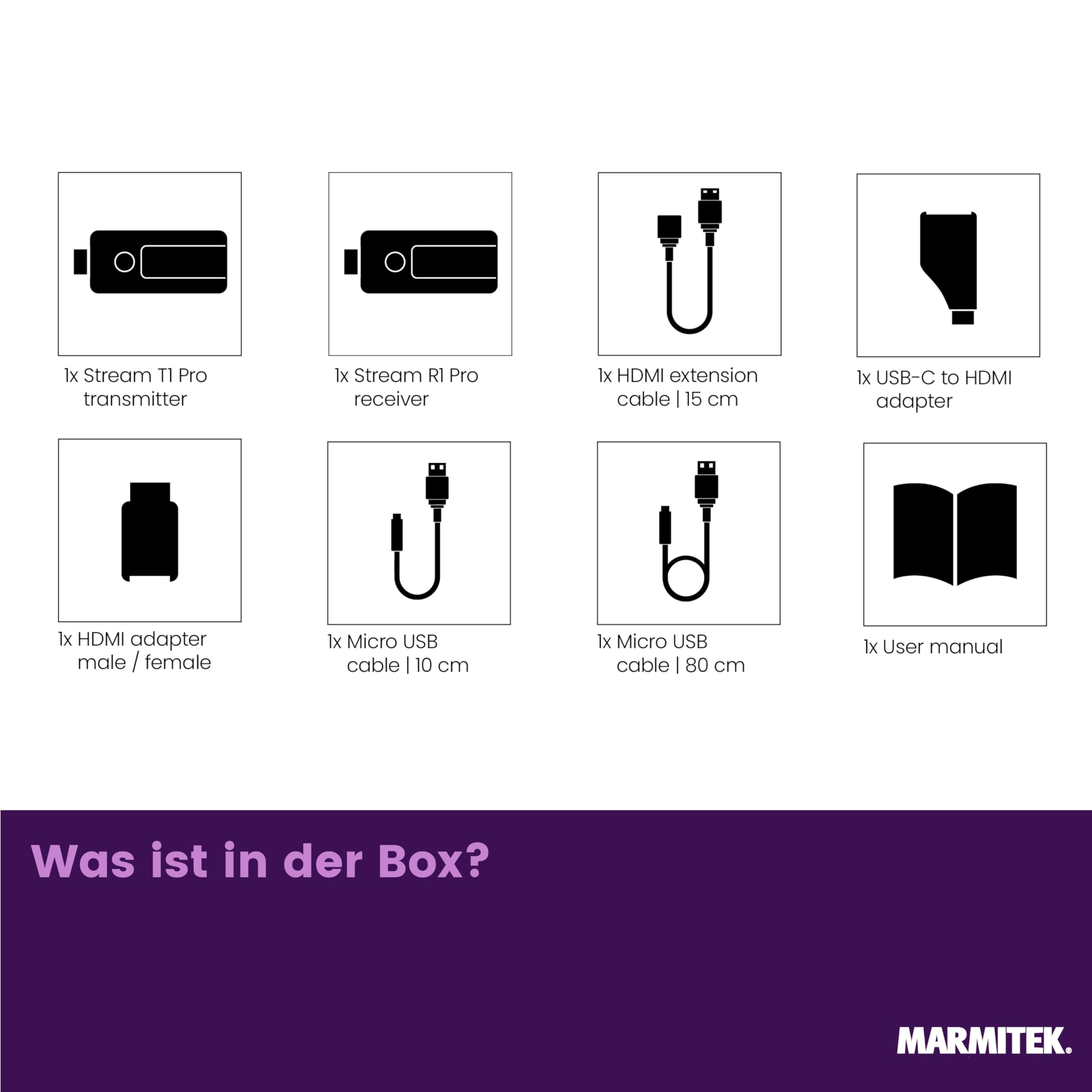 Marmitek Stream S1 Pro - Wireless HDMI Extender 1080p Full HD USB-C Laptop | Drahtloser HDMI Sender Empfänger für Präsentationen, Plug & Play ohne WLAN/Software, USB-C, 20 m und geringe Latenz