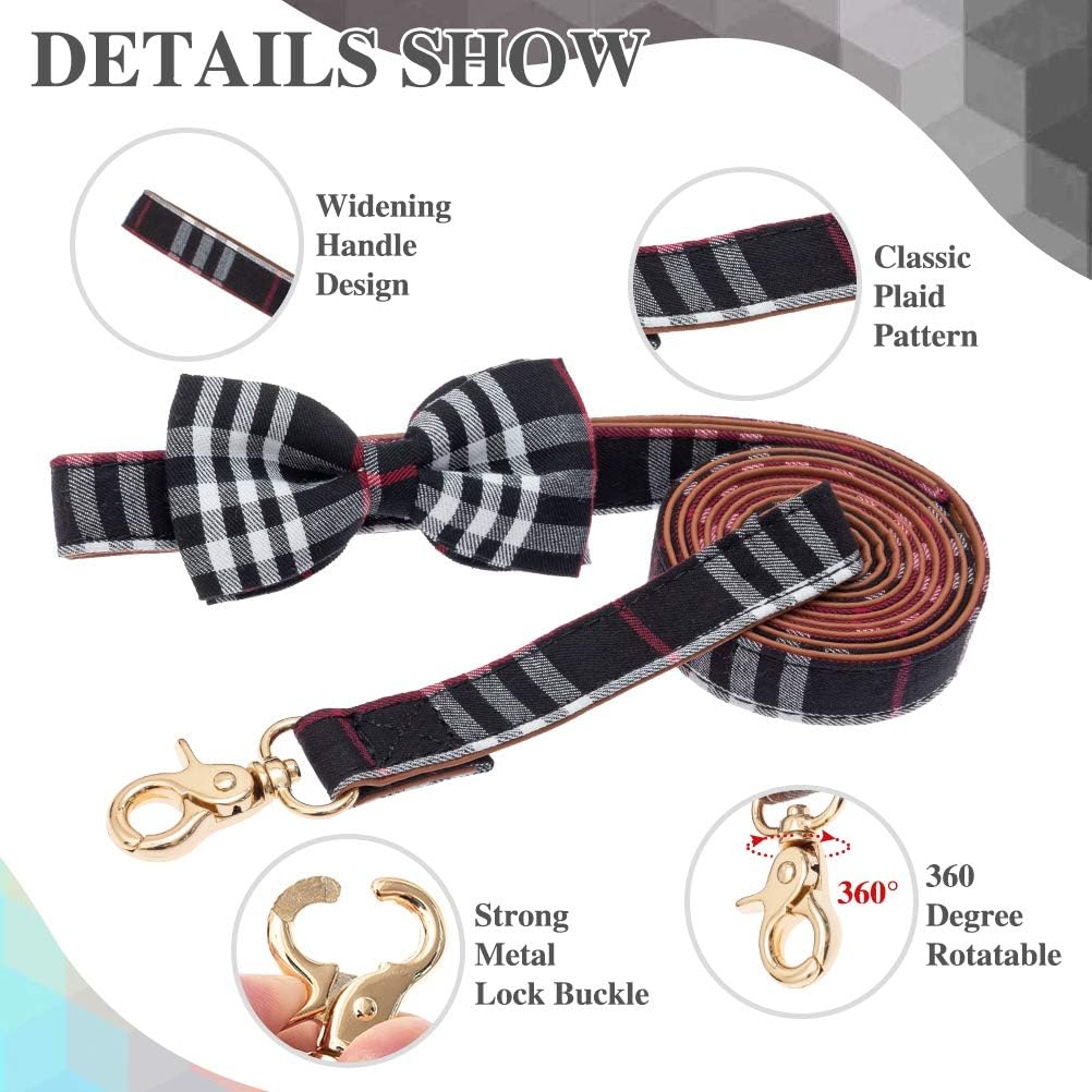 Bow Tie Dog Collar and Leash Set - Classic Plaid Adjustable Cute Dogs Collars with Removable Bowtie and Gold Bell, Fit for Puppies Cats Small to Medium Dogs