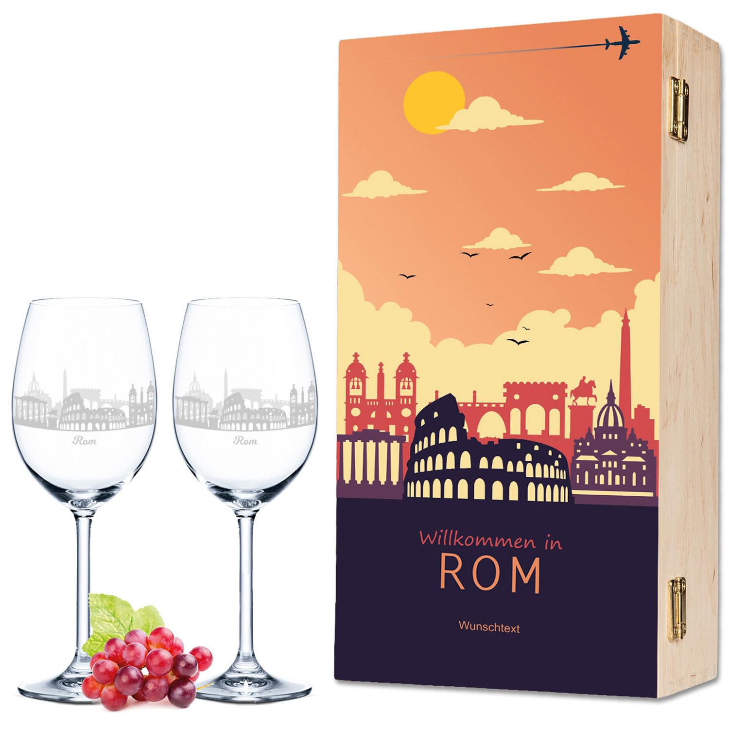GRAVURZEILE Leonardo Weingläser mit Gravur - Skyline Rom als Set - Personalisiert mit Wunschtext inkl. bedruckter Holzkiste - Souvenir Andenken & Mitbringsel - Geschenk für Sie & Ihn