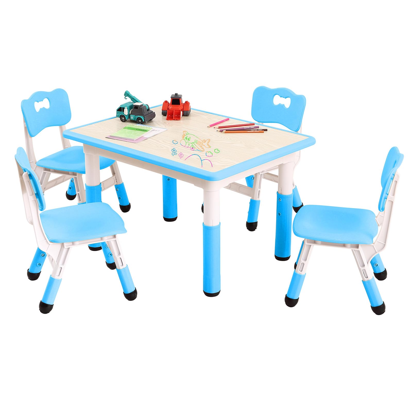 Table et 4 chaises enfants GarveeHome bleu avec hauteur réglable pour 2 à 10 ans