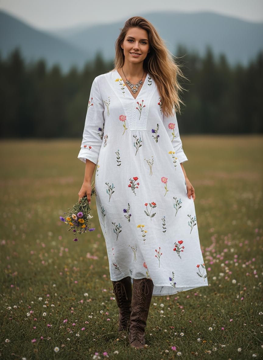 Women's Boho Floral Long Sleeve Beach Vacation Midi Dresses, Plus Size Casual Tunic Flowy V Neck Comfy Cruise Dress for Women - Image 3
