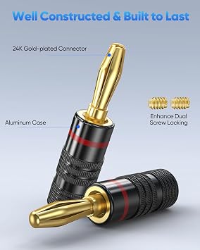 2-Pairs/4-PCS Banana Plugs, Gold Plated Banana Plugs Connectors for Speaker Wire Compatible with Wall Plate, Audio/Video Receiver, Amplifier, Home Theater, Sound System (Red + White)