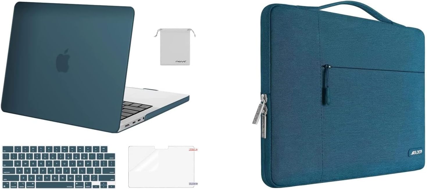 MOSISO Compatible with MacBook Pro 14 inch Case 2021 2022 Release A2442 M1, Multifunctional Sleeve Bag&Plastic Hard Cased&Keyboard Cover&Screen Protector&Storage Bag, Deep Teal