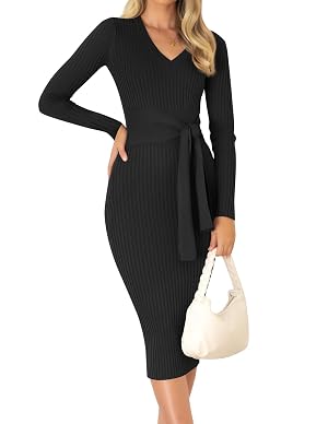 ZESICA Womens 2026 Spring Sweater Dress V Neck Long Sleeve Ribbed Knit Tie Waist Bodycon Slim Fit Midi