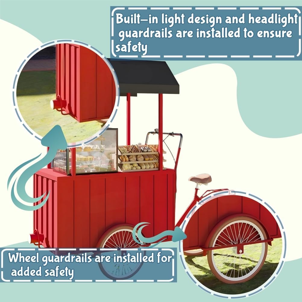 Portable Type Vending Cart Three Wheel, Outdoor Sunshade Dining Tricycle, Large Food Bike Carts, Market Stall Snack Trailer for Sale Flowers, Toys, Food,Red