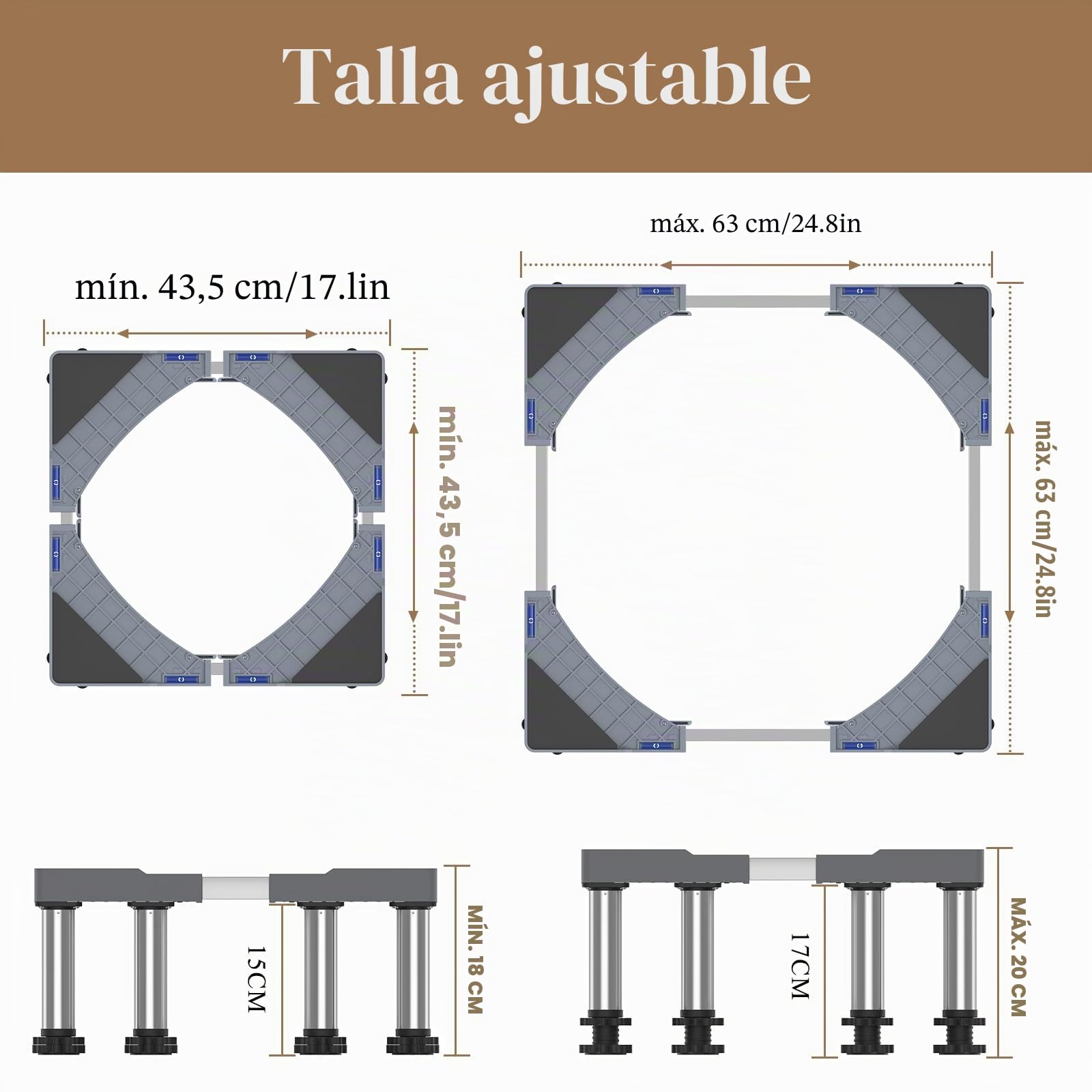 DEWEL Base Lavadora de Acero Inoxidable, Base Elevador Lavadora Estable con 12 Patas de Altura 18-20cm, Soporte Ajustable para Lavadora Secadora Frigorífico de Tamaño de 43.5-63cm, Carga 250kg