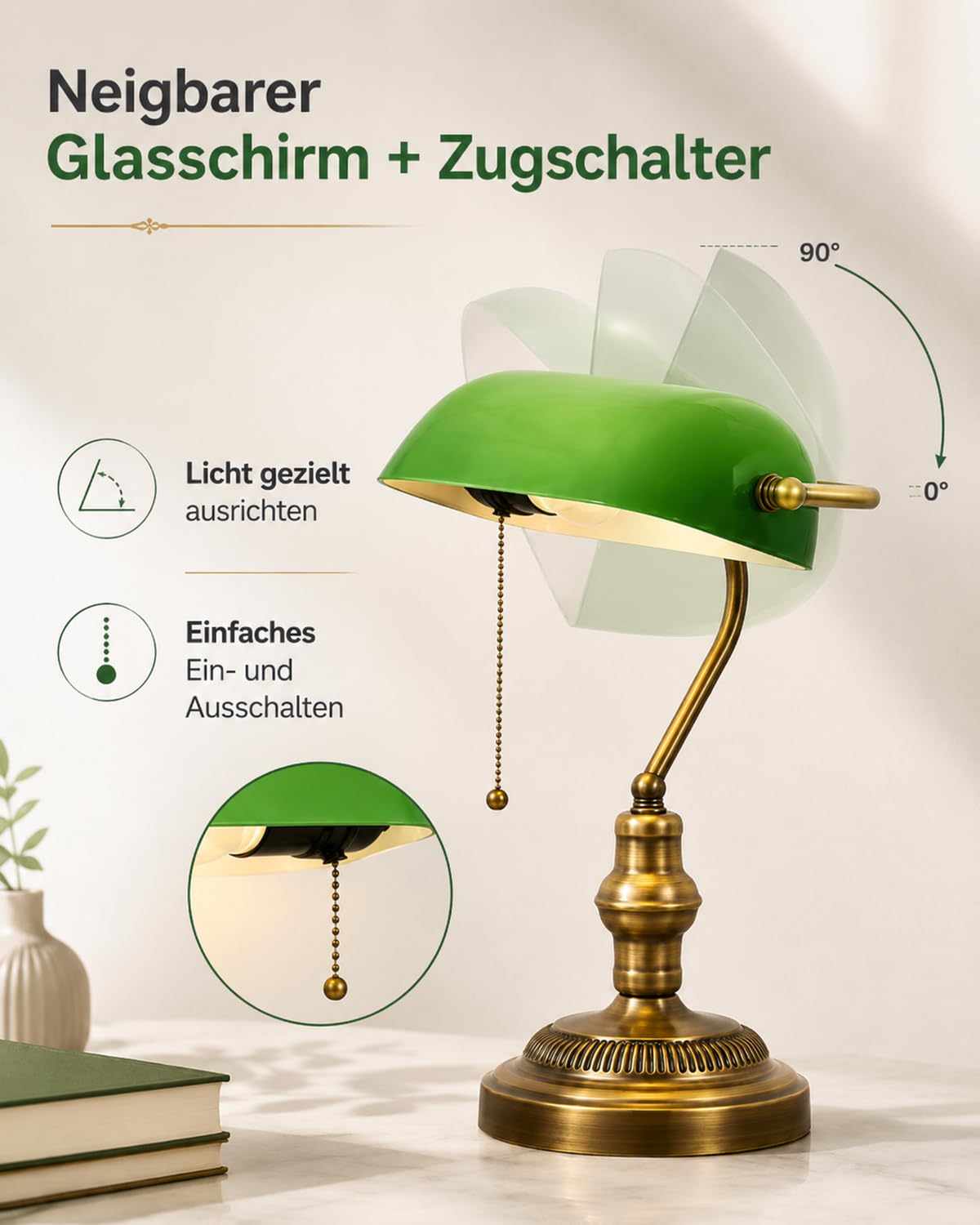 LANMOU Bankerlampe Grün mit Glasschirm, E27 und Zugschalter | Messing-Finish, Schreibtischlampe Retro mit verstellbarer Schirm, für Homeoffice, Lesen & Arbeitszimmer, Wohnzimmer Dekor