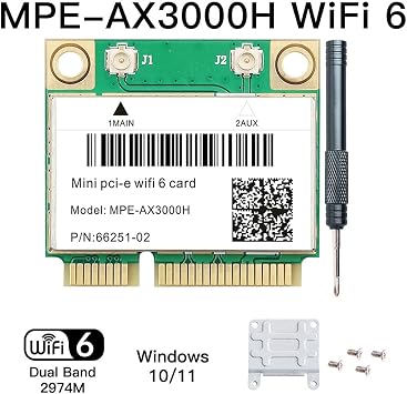 WiFi 6 Card MPE-AX3000H Dual-Band 2.4GHz & 5GHz BT 5.2 160MHz Channel Half Mini PCIe Up to 574Mbps (2.4GHz) + 2.4Gbps (5GHz) Compatible with Windows 10/11 64-bit Low Latency for Gaming/Streaming