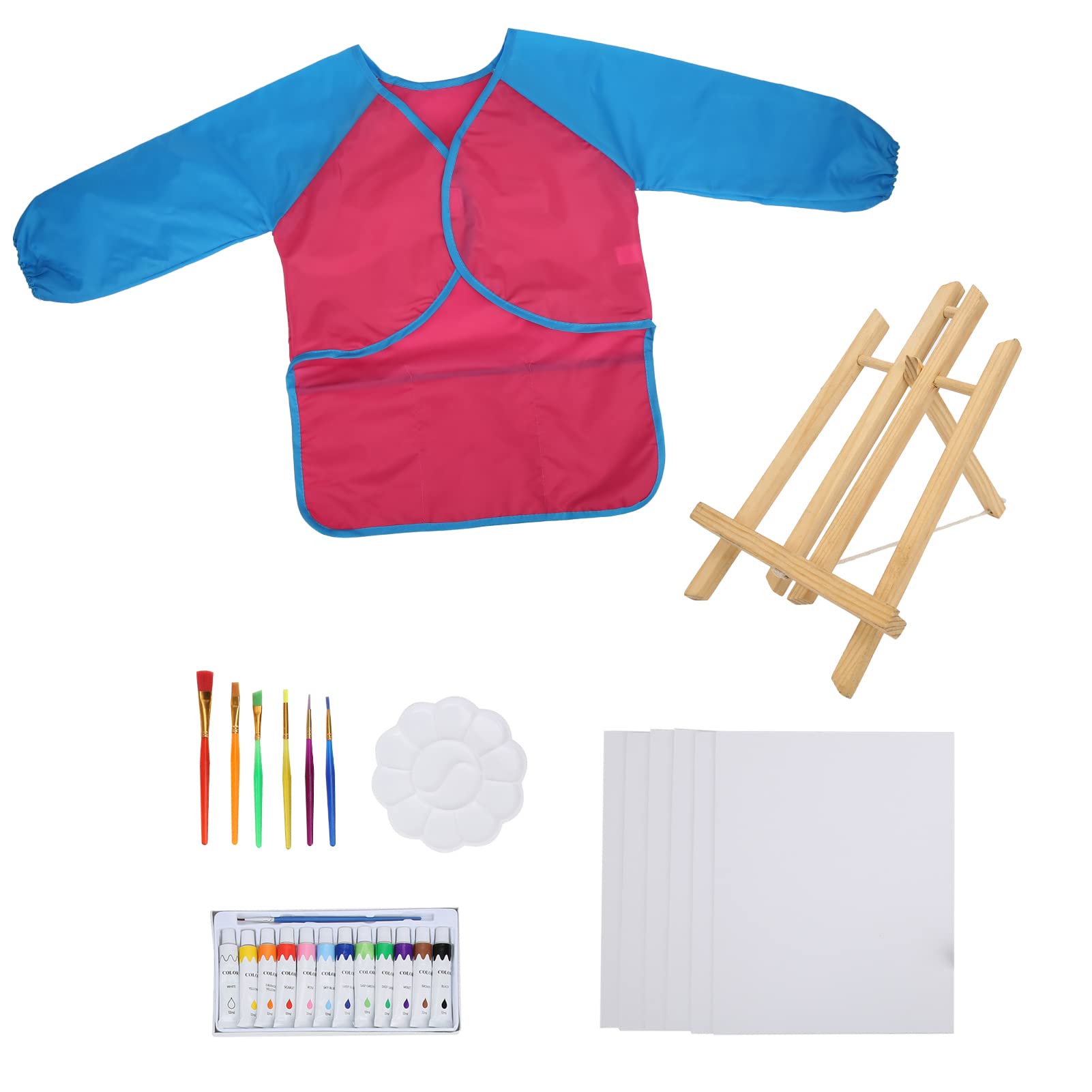 Juego de pintura acrílica para niños, kit de pintura artística para niños con caballete de madera, 12 colores vibrantes, 6 pinceles, bata, caballete de mesa portátil para el hogar (Rosa roja)