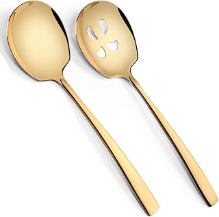 Large Serving Spoons,12 Inch 1xServing Spoon,1 xSlotted,kitchen utensils set for Buffet (2pack,Gold)