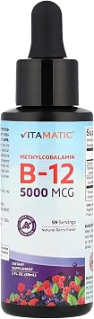 Vitamatic Fast-Acting Liquid Vitamin B12 5000 mcg Methylcobalamin Natural Berry Flavor Sublingual Formula for Enhanced Absorption 2 fl oz